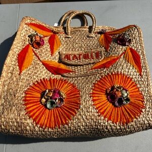Vintage 70s Orange Straw Woven Acapulco Bag/Tote with 3D Rattan Flowers
